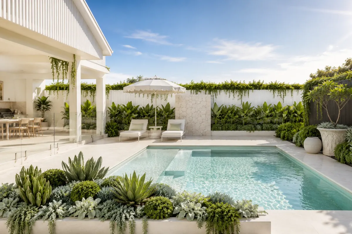 A sunny backyard with a pool, two sun loungers under a white umbrella, a covered outdoor dining area and a garden of succulents